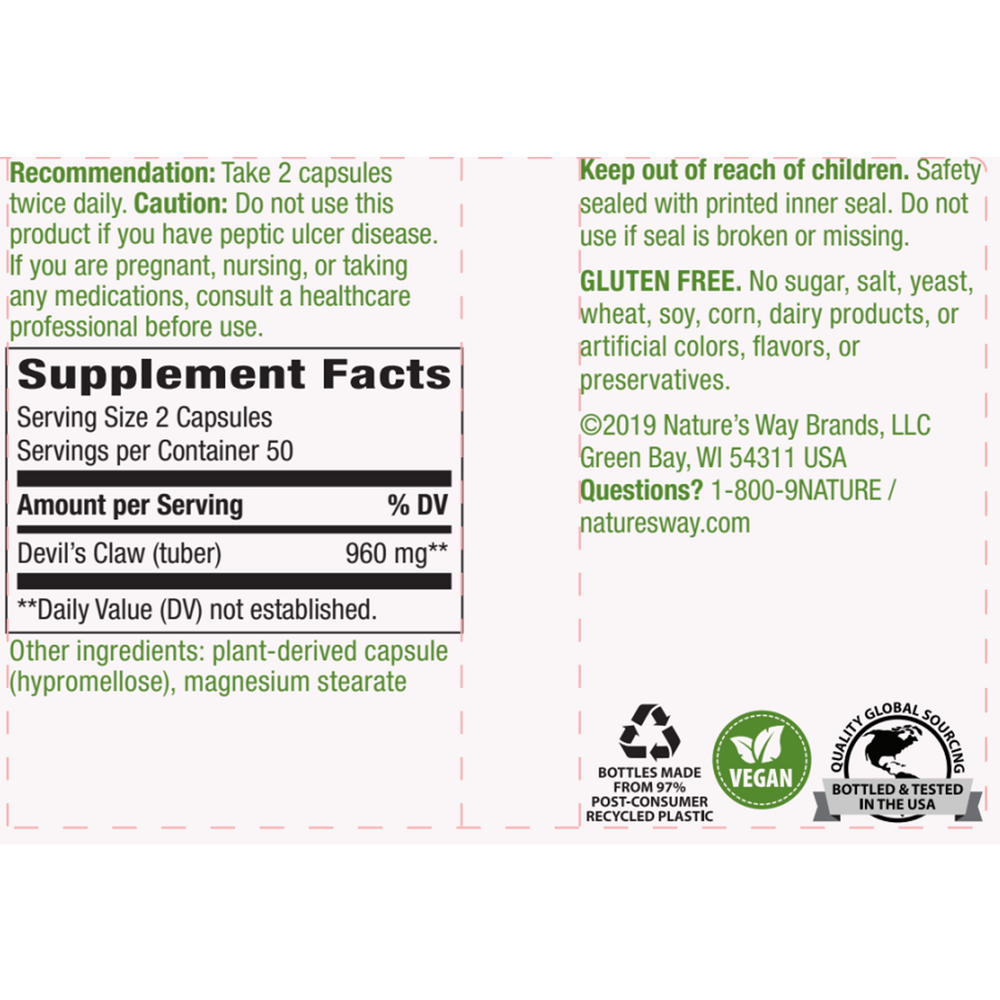 Devils Claw 480 mg Supplement Facts Label