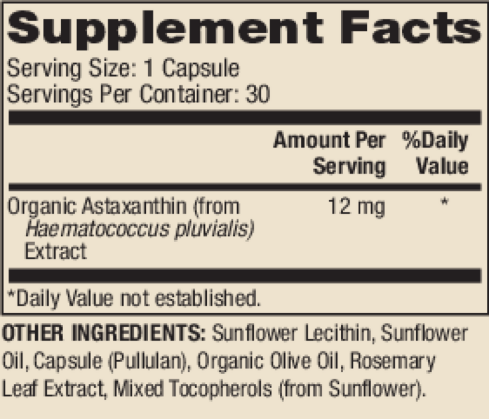 Astaxanthin 12 mg Supplement Facts Label