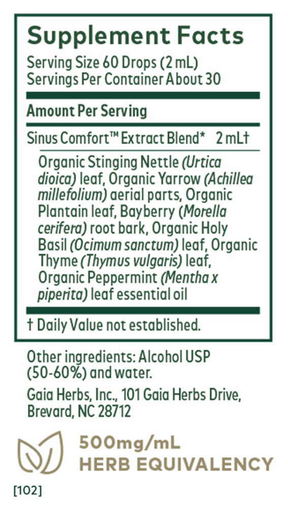 Sinus Comfort Supplement Facts Label