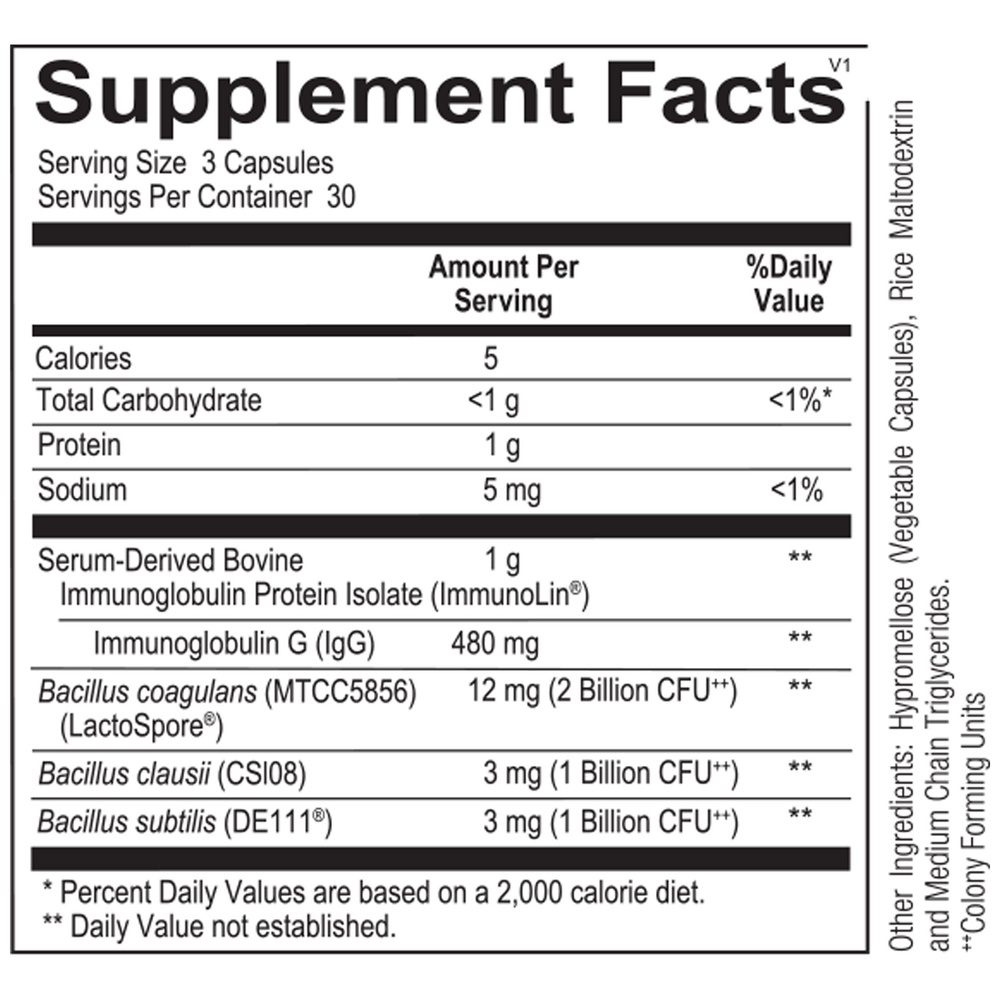 SporeBoost IG - Probiotic & IgG Supplement, 90 Capsules Supplement Facts Label