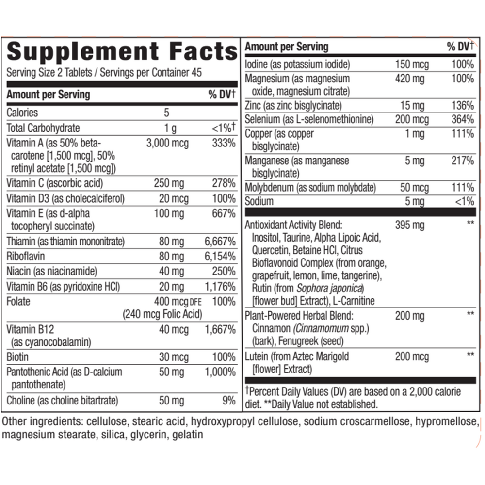 Completia® Diabetic Multi-Vitamin (Iron Free) Supplement Facts Label