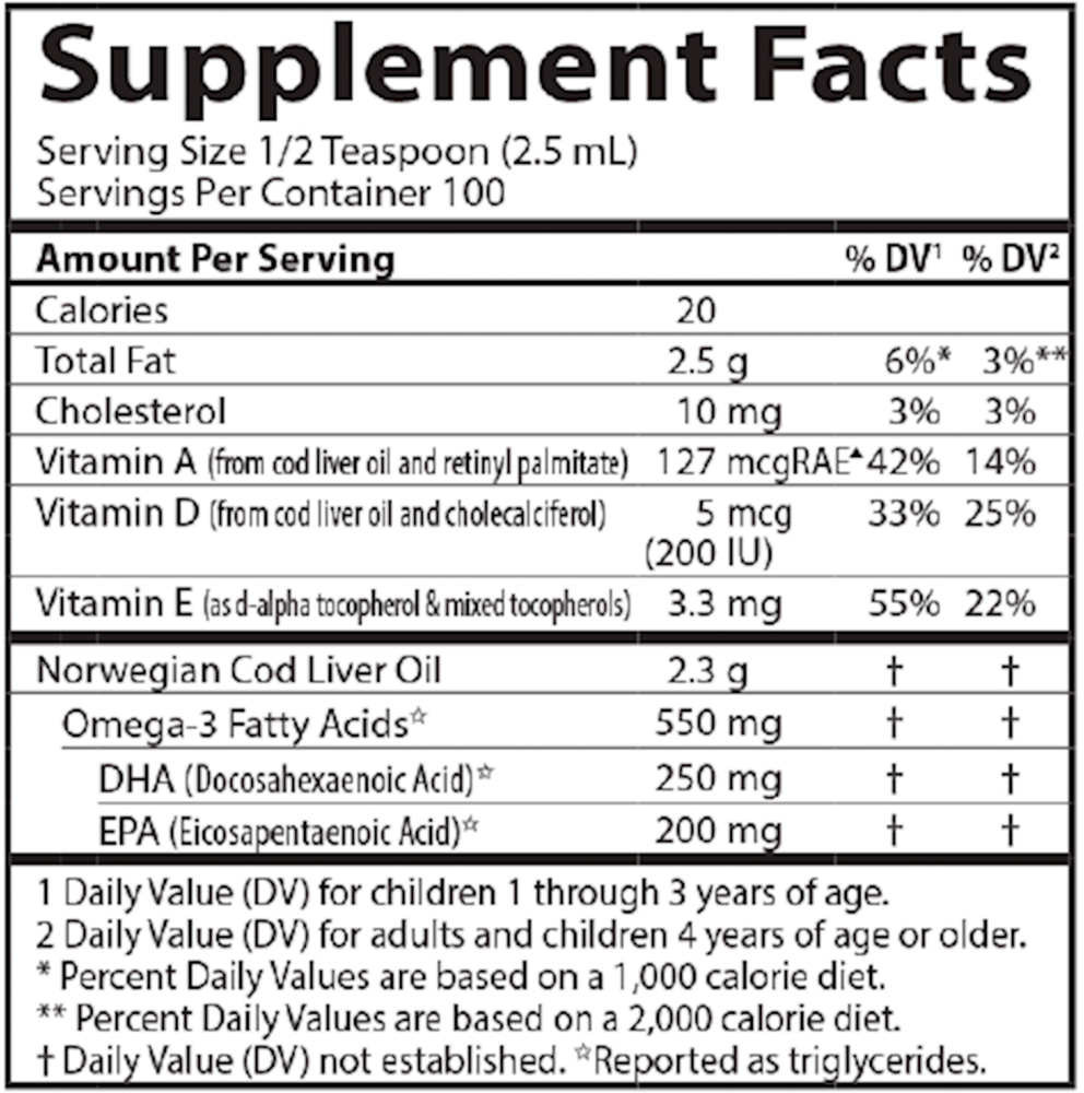 Carlson Kids Cod Liver Oil Lemon Supplement Facts Label