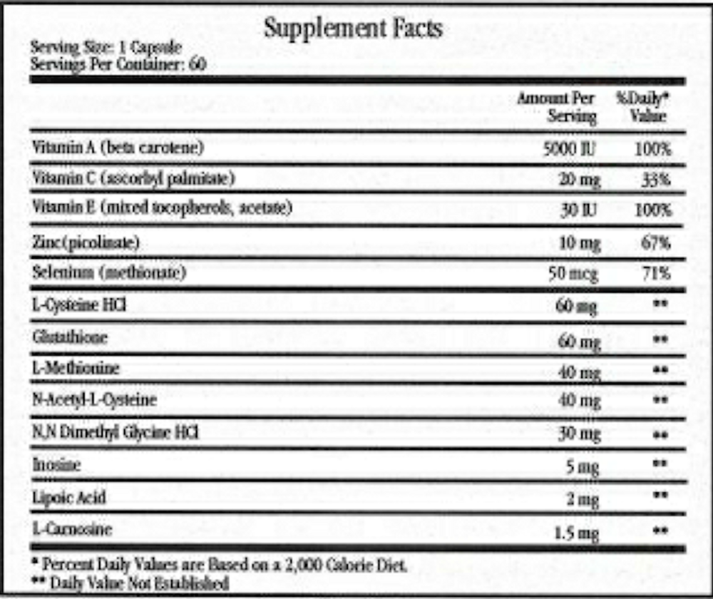 Free Radical Quenchers Supplement Facts Label