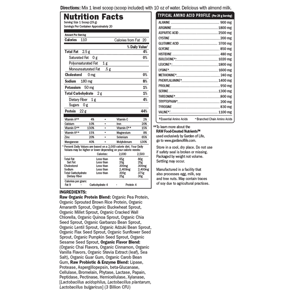 RAW Organic Protein Vanilla Chai Supplement Facts Label