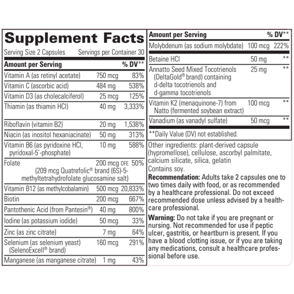 ProThrivers Wellness Multivitamin Supplement Facts Label