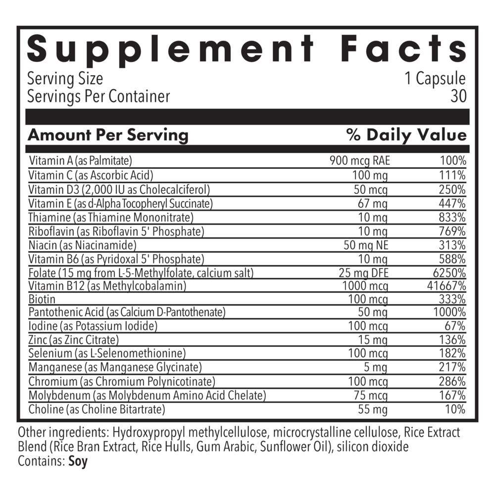 Multivitamin + 15 mg L-Methylfolate Supplement Facts Label