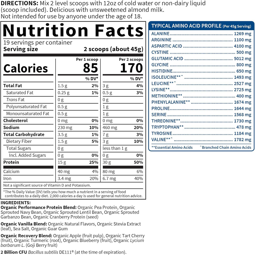 Sport Organic Plant-Based Protein Vanilla Supplement Facts Label