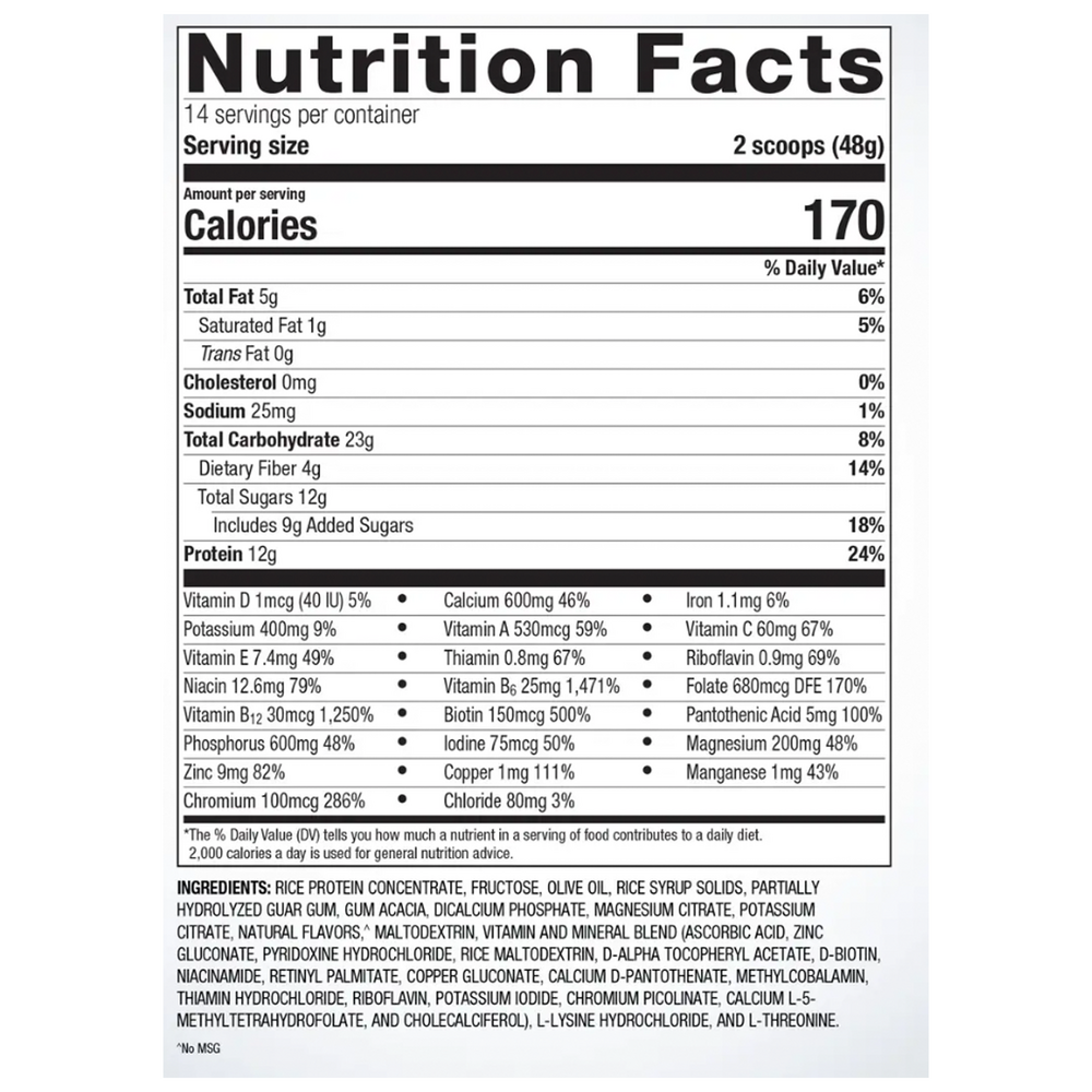 Essential Nutrition Shake Vanilla Supplement Facts Label