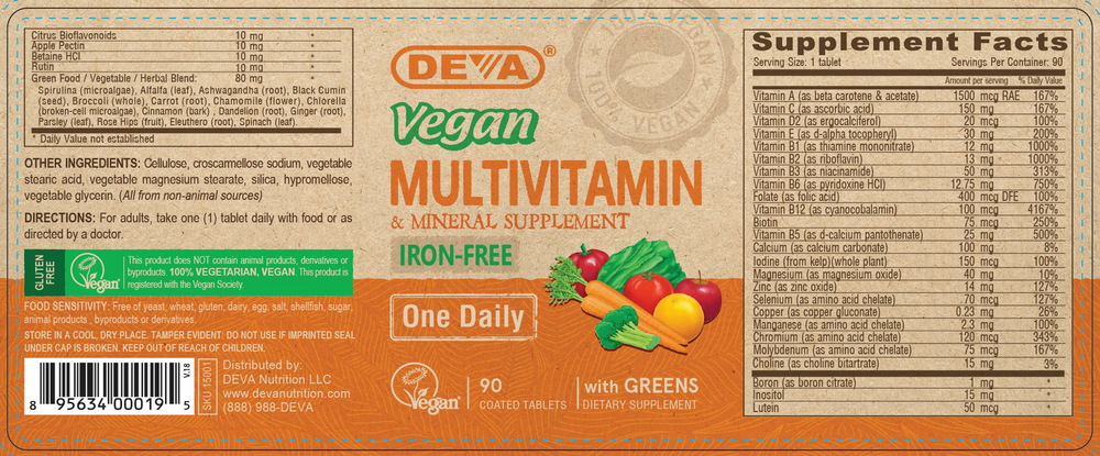 Vegan 1-A-Day Multi (Iron Free) Supplement Facts Label