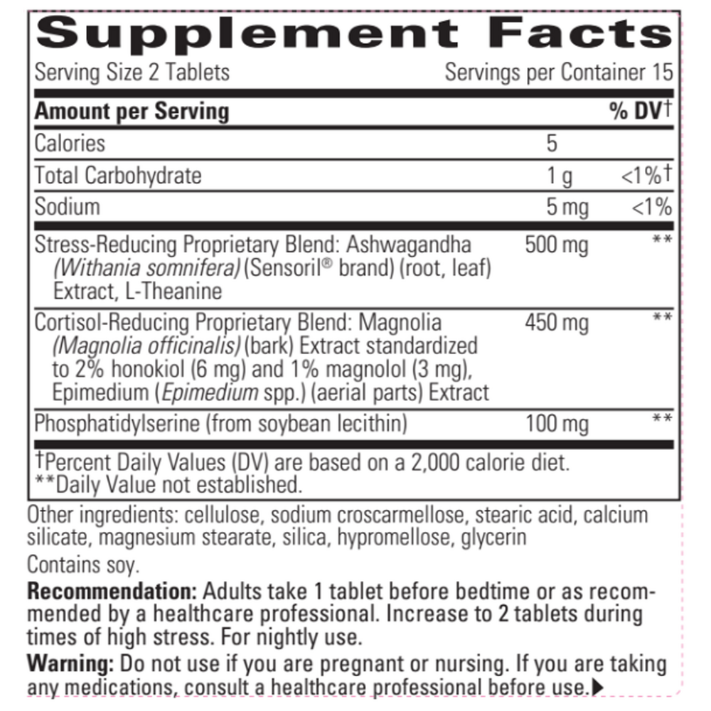 Cortisol Manager - Calm & Focus Support Formula - Ashwagandha, L-Theanine & Magnolia Supplement Facts Label