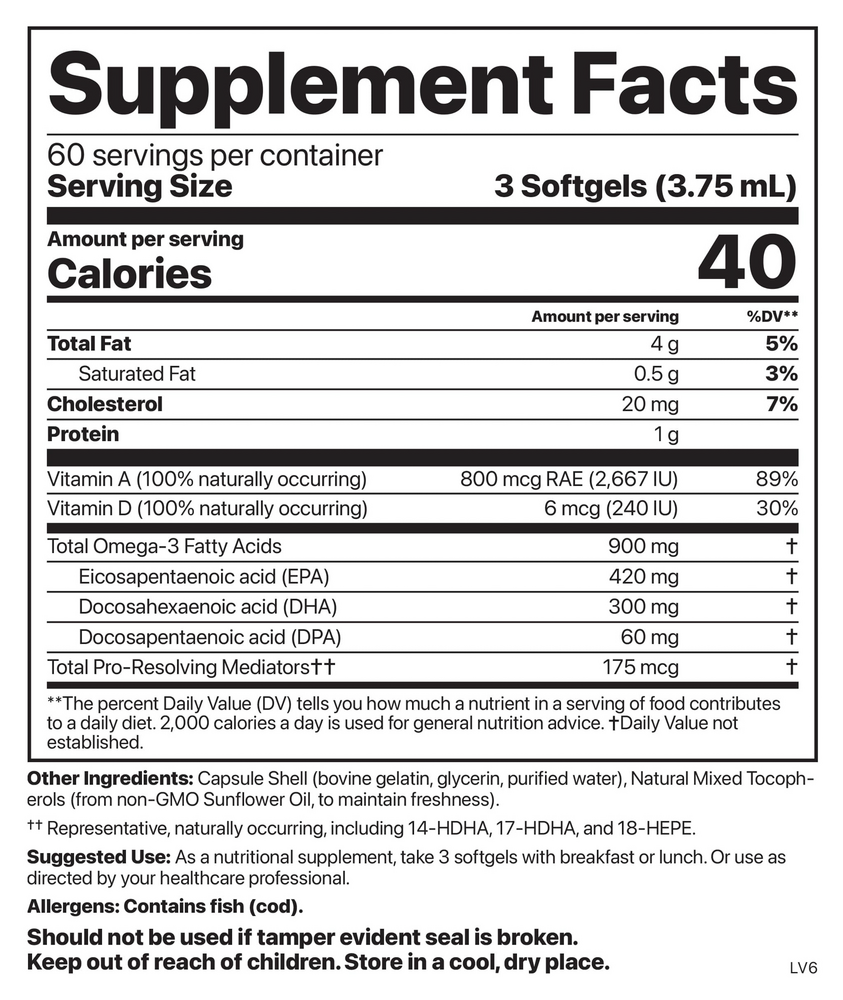 Alaskan Cod Liver Oil 180 Softgels Supplement Facts Label