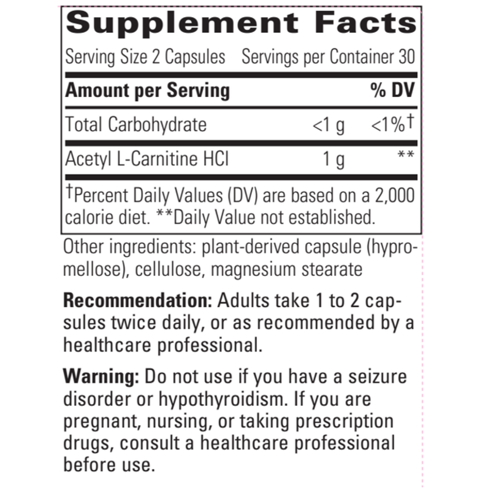 Acetyl L-Carnitine Supplement Facts Label