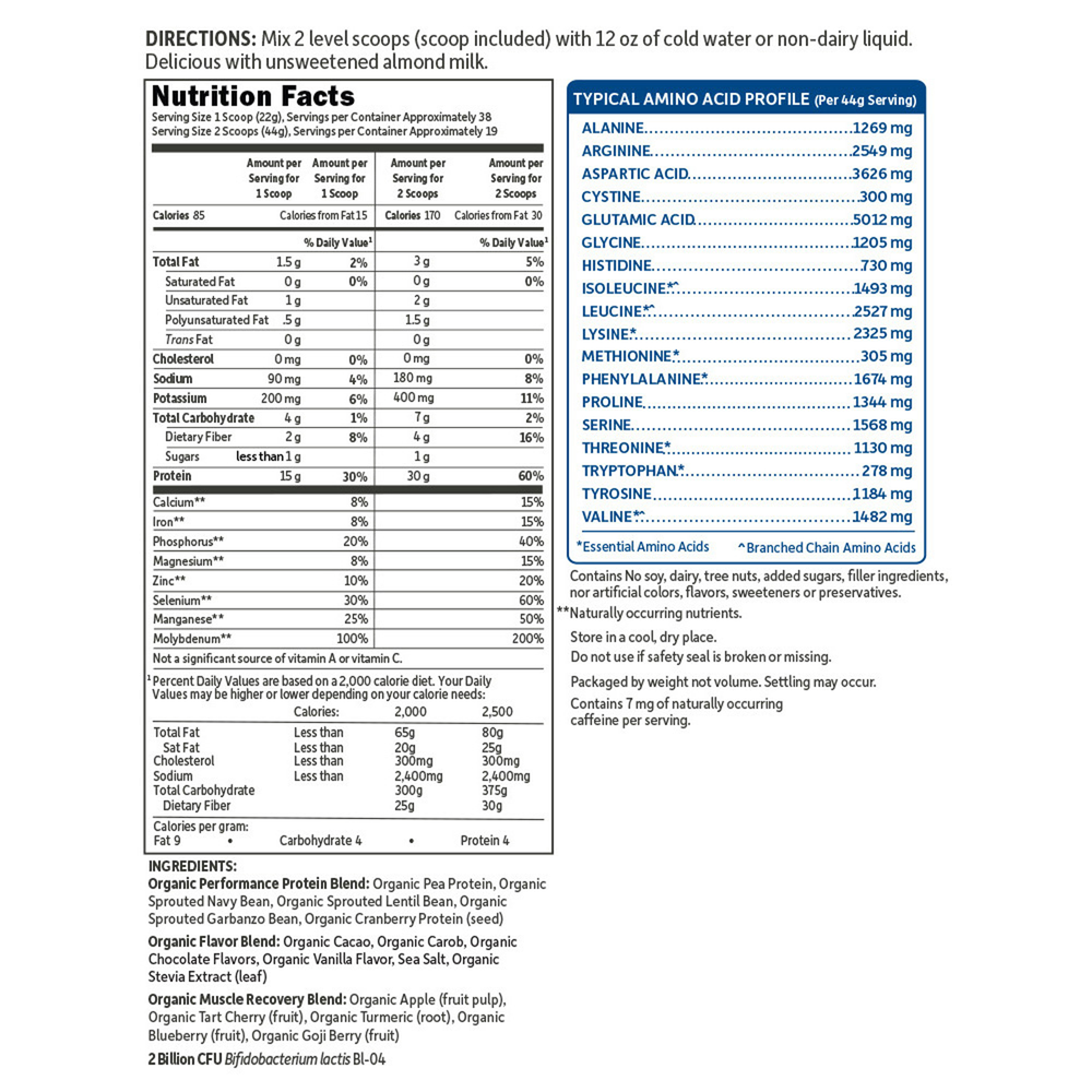 SPORT Organic Plant-Based Protein Chocolate Supplement Facts Label