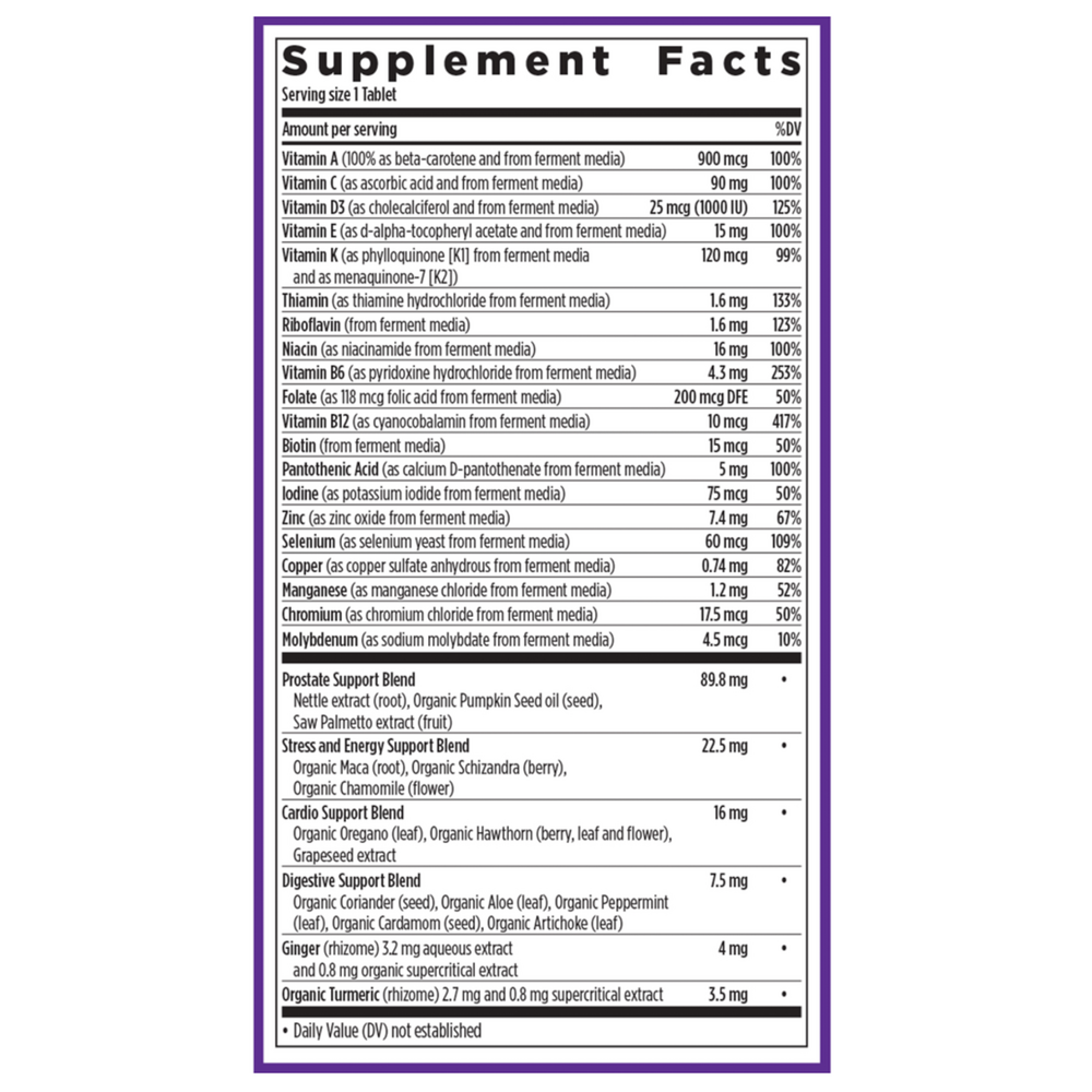 Every Man One Daily 40+ Supplement Facts Label