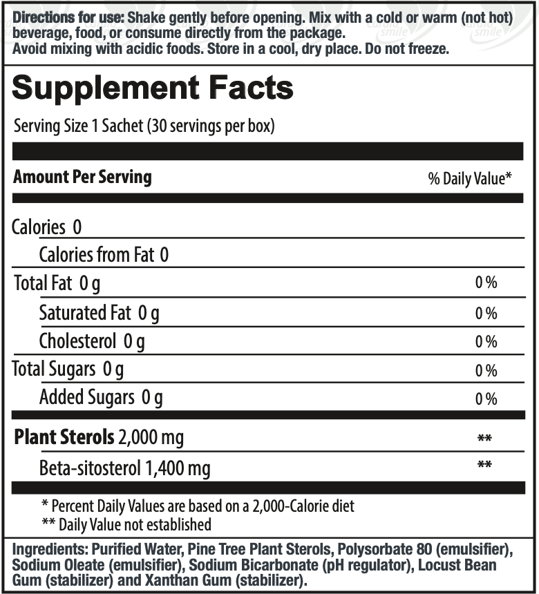 BACKORDER ONLY - Cardiosmile 2000 mg Liquid Plant Sterols Supplement Facts Label