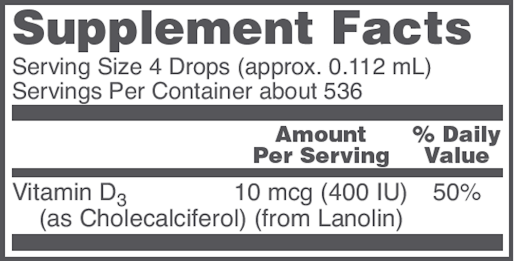 Liquid Vitamin D3 Supplement Facts Label