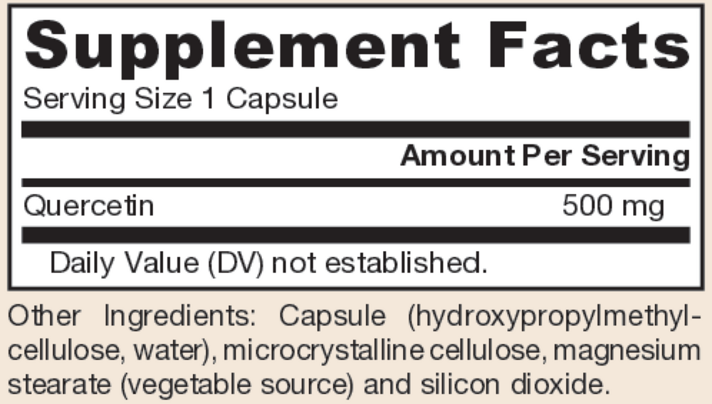 Quercetin 500 mg 100 Count Supplement Facts Label