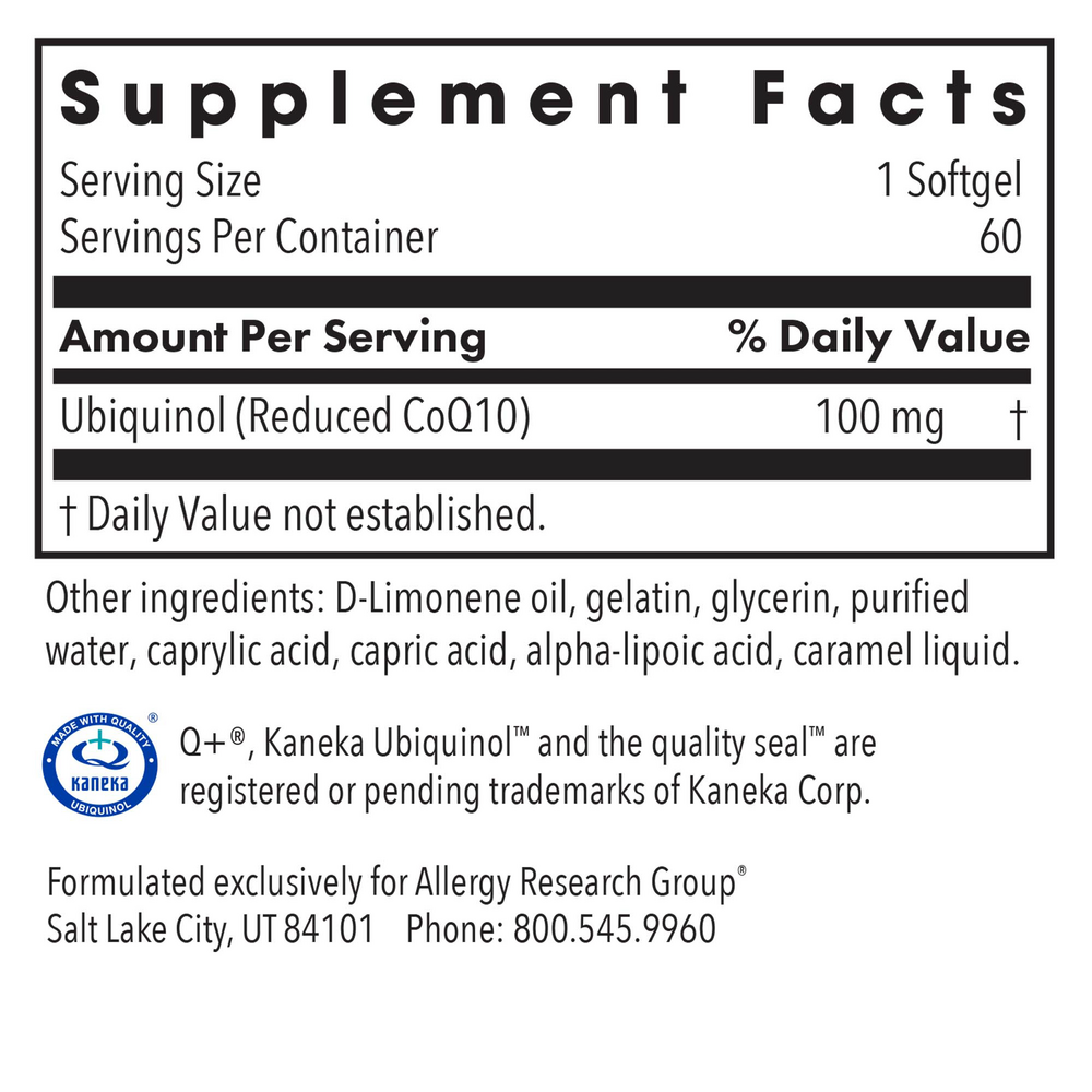 CoQH-CF® Ubiquinol Supplement Facts Label