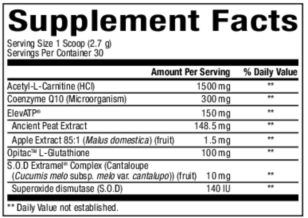 Mitochondrial Formula Supplement Facts Label