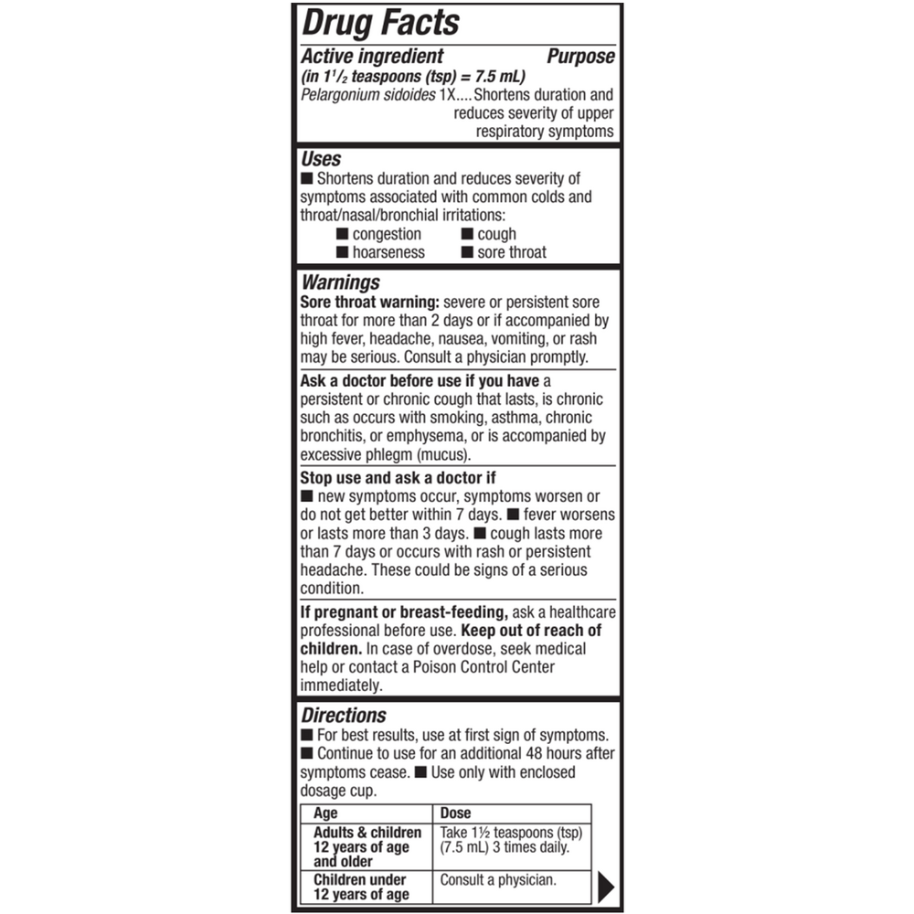 Umcka® ColdCare Menthol Syrup Supplement Facts Label