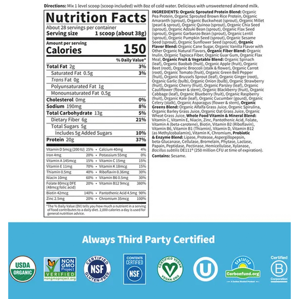 RAW Organic Meal Lightly Sweet Supplement Facts Label
