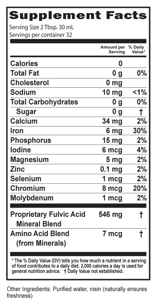 Fulvic Minerals Supplement Facts Label