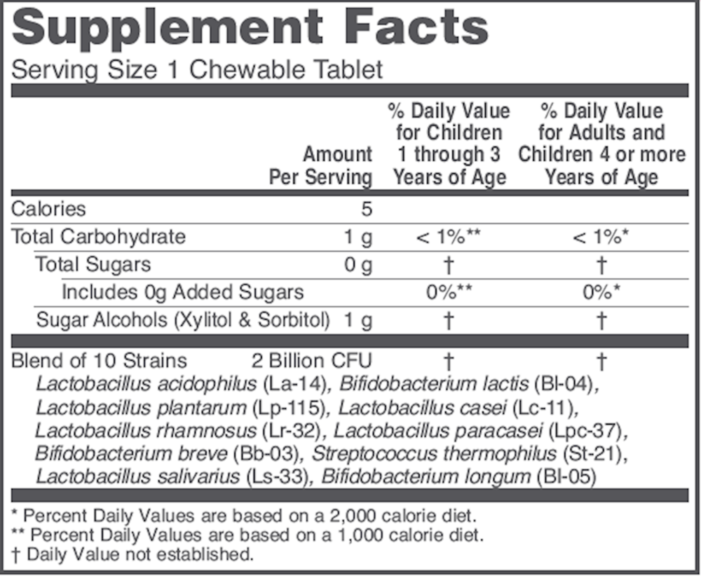 Chewable Probiotic-4 Supplement Facts Label
