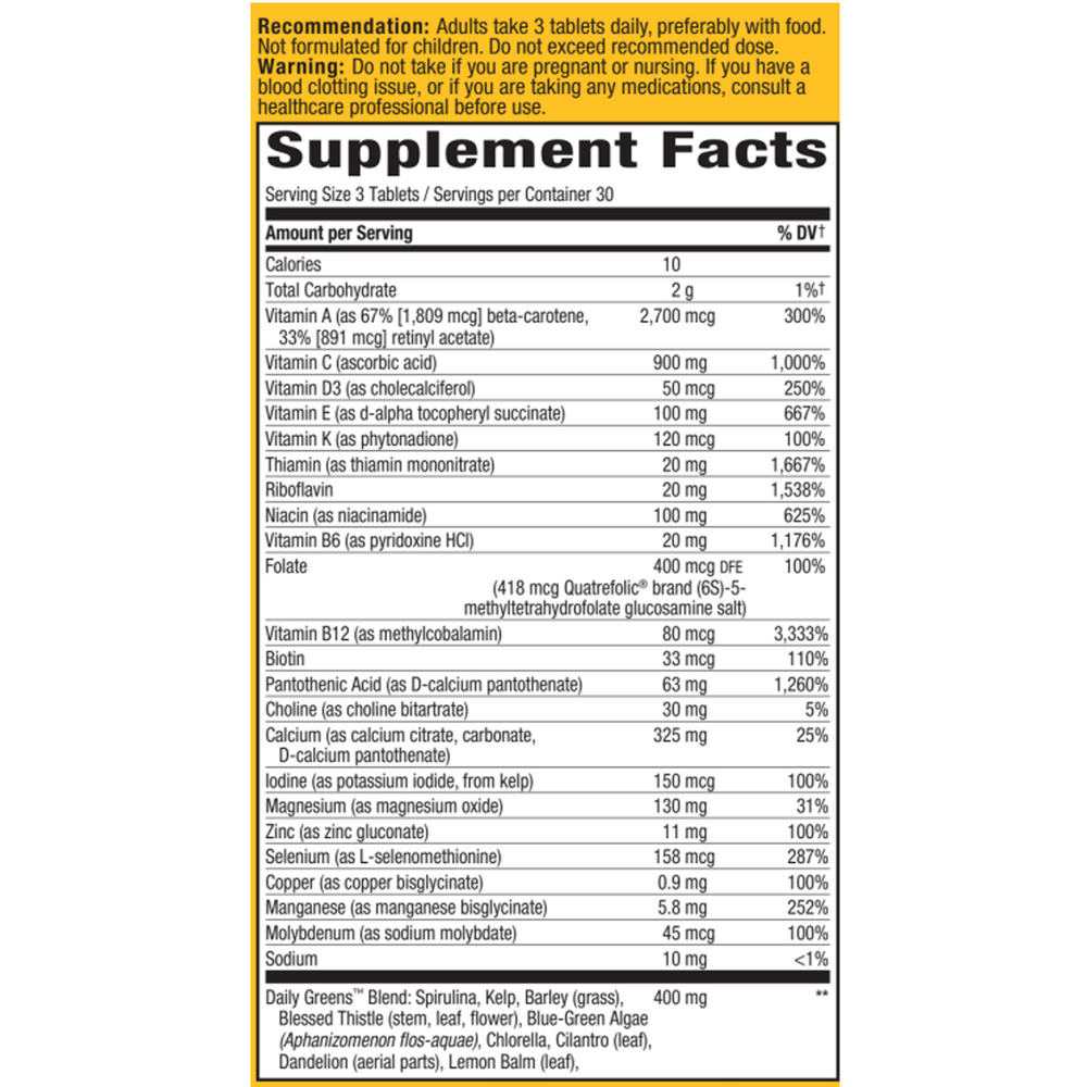 Alive!® Max3 Daily Multivitamin Without Iron Supplement Facts Label