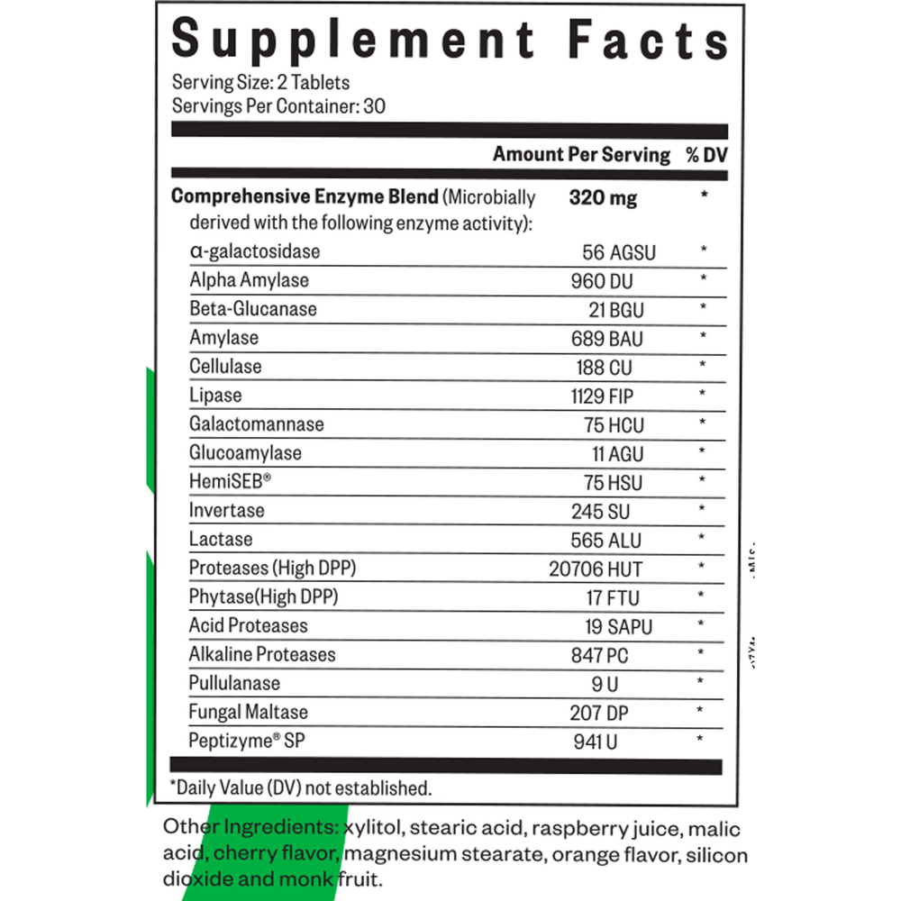 Digestive Enzymes Chewable Supplement Facts Label