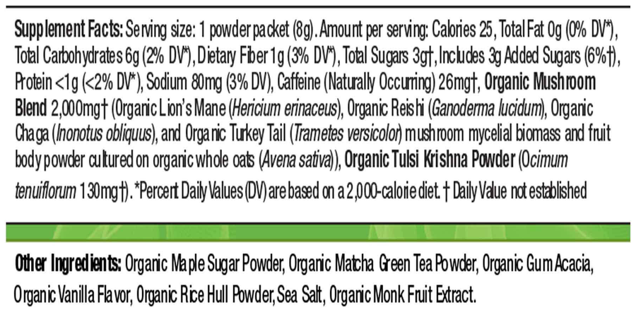 Mushroom Matcha Latte 10 Pack Supplement Facts Label