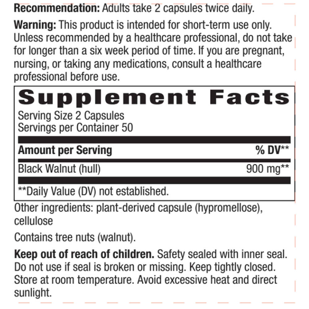 Black Walnut Supplement Facts Label