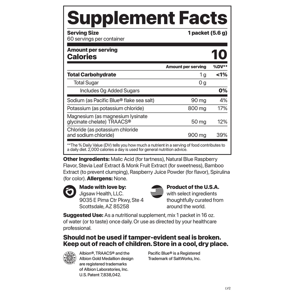 Potassium Cocktail Blue Raspberry Packets (Previously Pickleball Cocktail) Supplement Facts Label