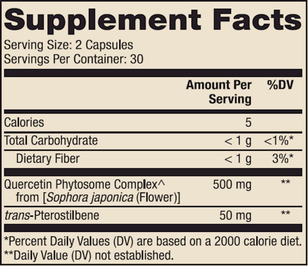 Quercetin and Pterostilbene Advanced Supplement Facts Label