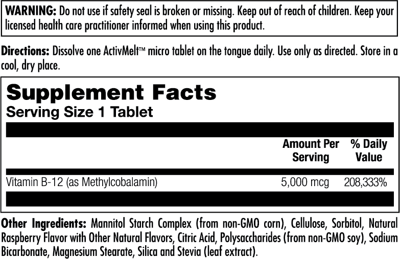 B12 Methylcobalamin 5000 mcg Raspberry Supplement Facts Label