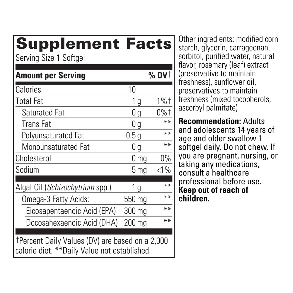 Pure Omega Algae Supplement Facts Label