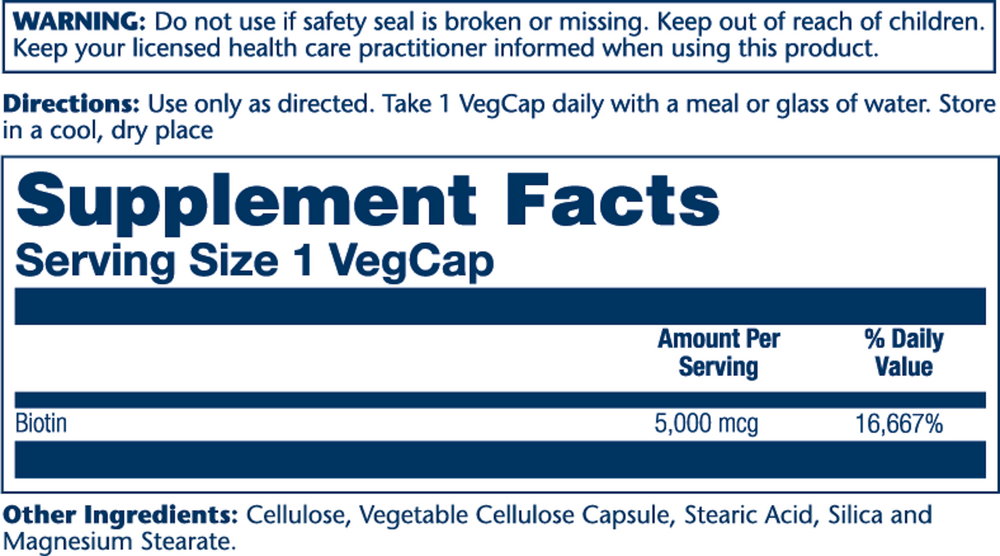 Biotin 5000 mcg Time Released Supplement Facts Label