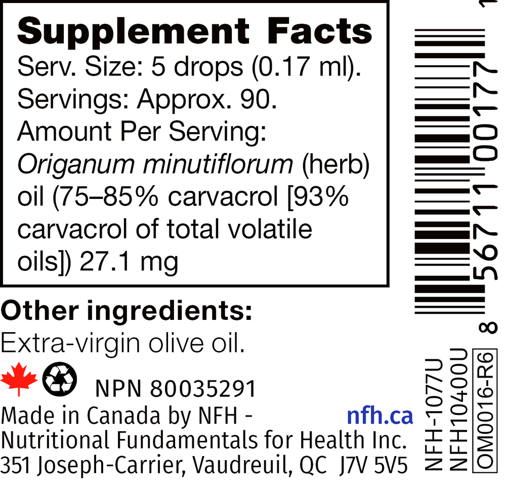 Oregano SAP Supplement Facts Label