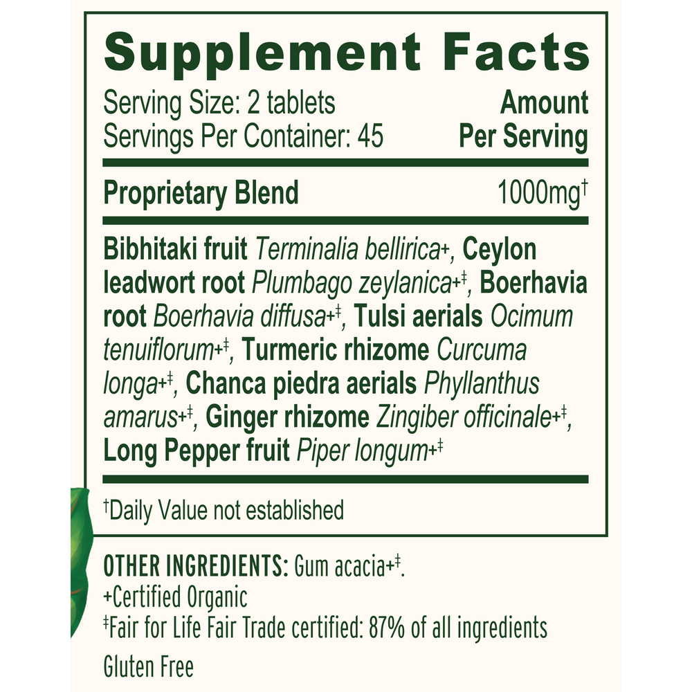 Healthy Kapha (Organic) Supplement Facts Label