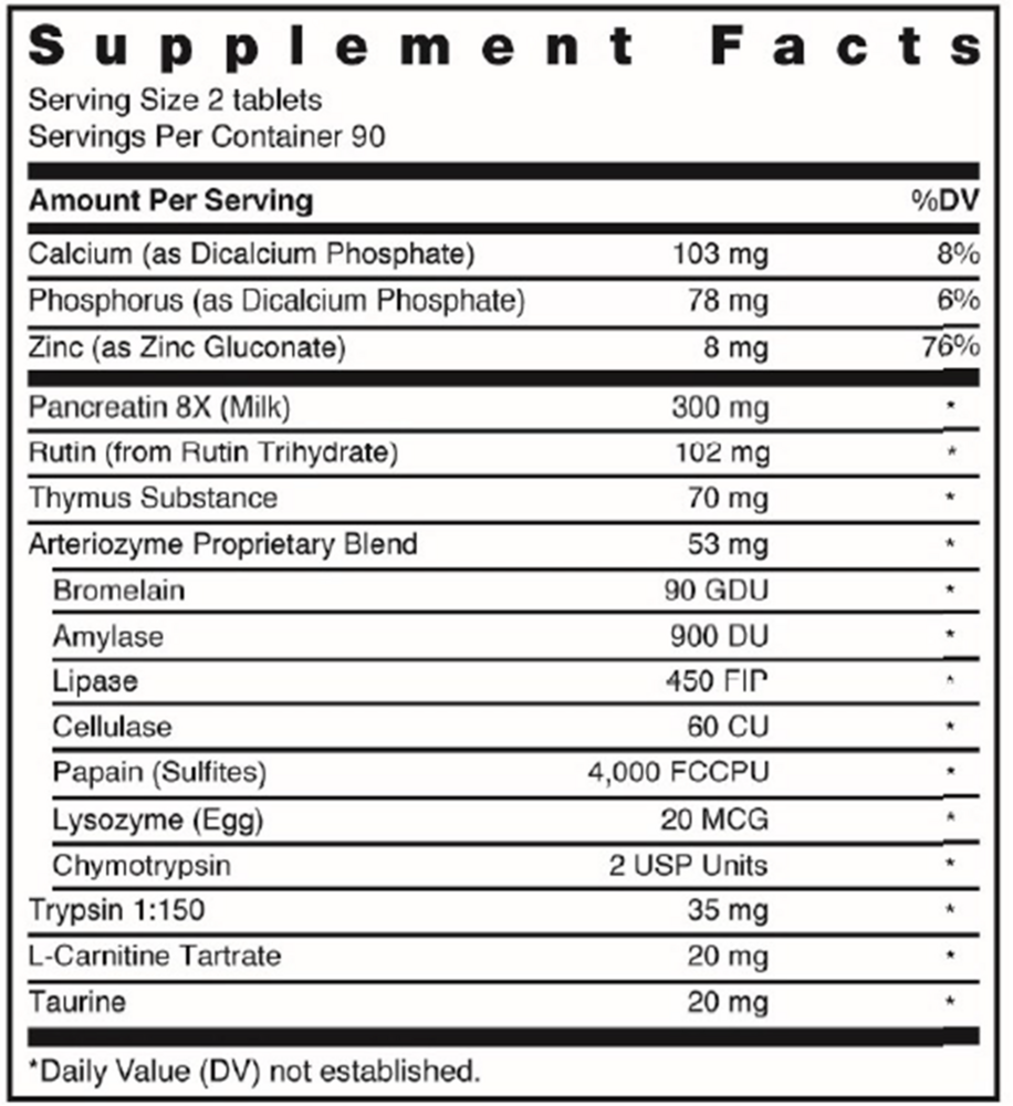 Arteriozyme Supplement Facts Label