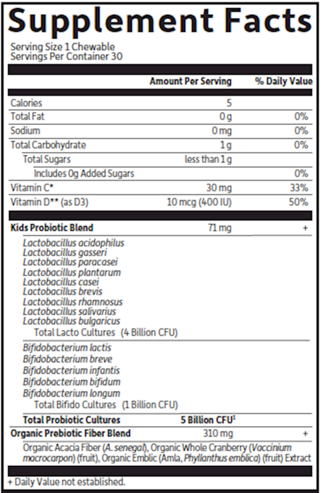 Organic Kids Probiotics Cooler Watermelon Supplement Facts Label