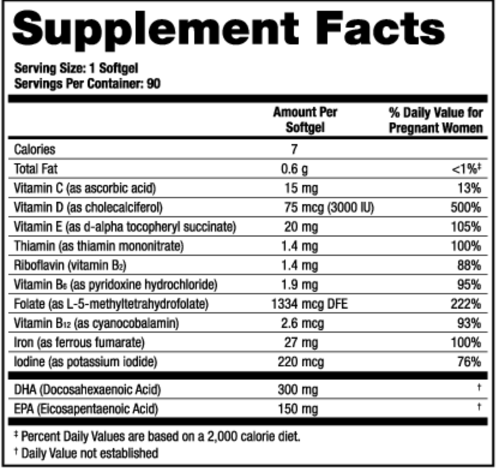 TheraNatal One Prenatal Vitamins Supplement Facts Label