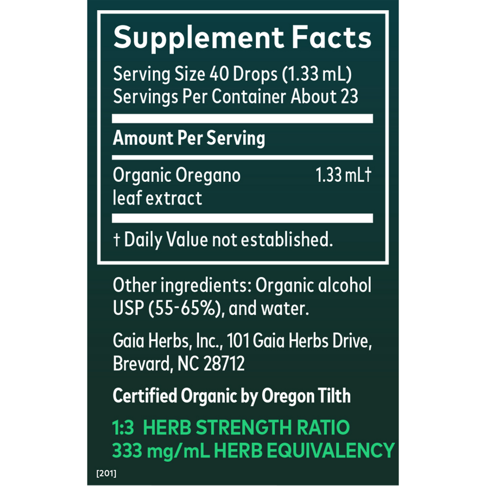 Oregano Leaf Supplement Facts Label