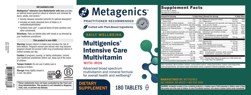 Multigenics Intensive Care-Iron Supplement Facts Label