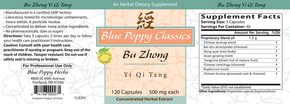 Bu Zhong Yi Qi Tang Supplement Facts Label