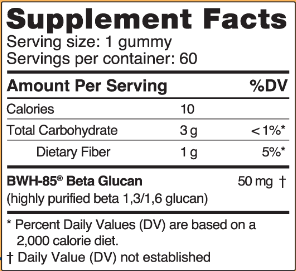 BWH-85 Beta Glucan Kids Gummies Supplement Facts Label