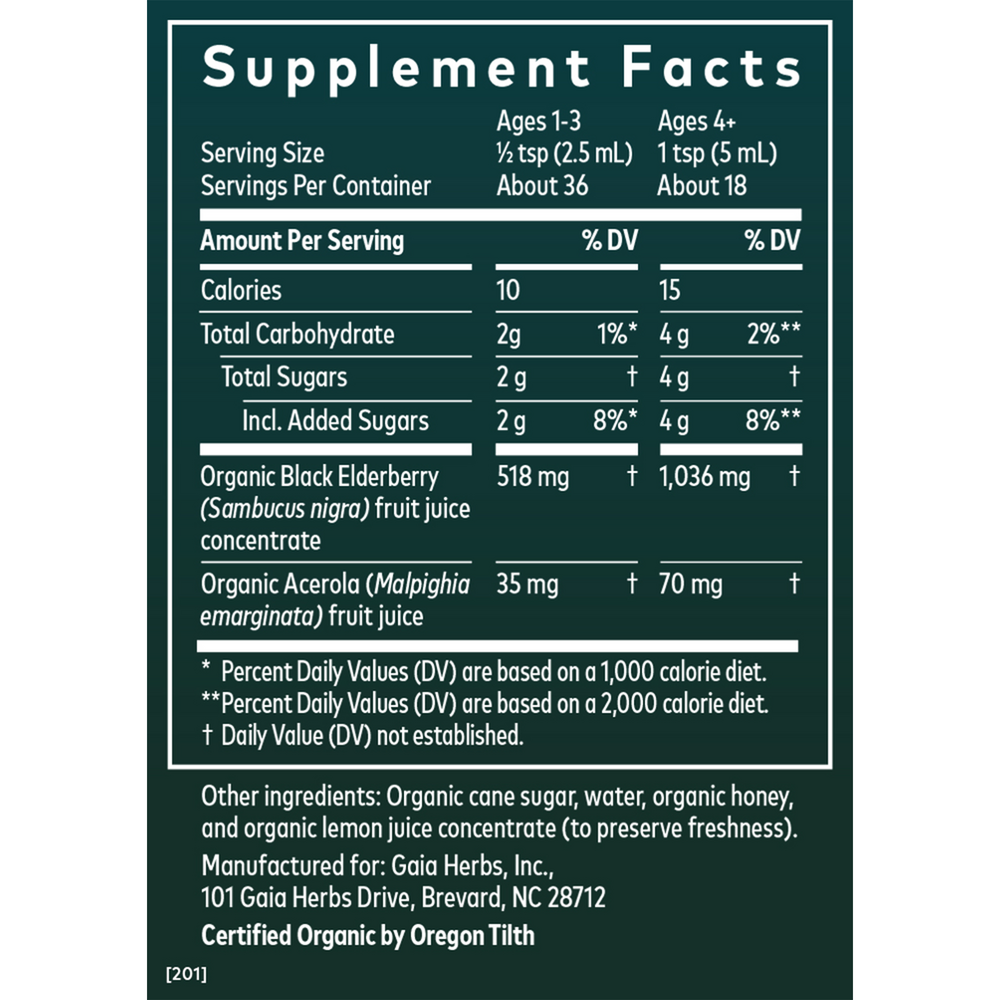 Kids Black Elderberry Syrup Supplement Facts Label