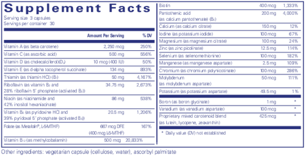 Nutrient 950 W/O Cu & Fe Supplement Facts Label