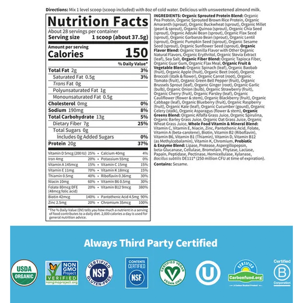 RAW Organic Meal Vanilla 14 Servings Supplement Facts Label