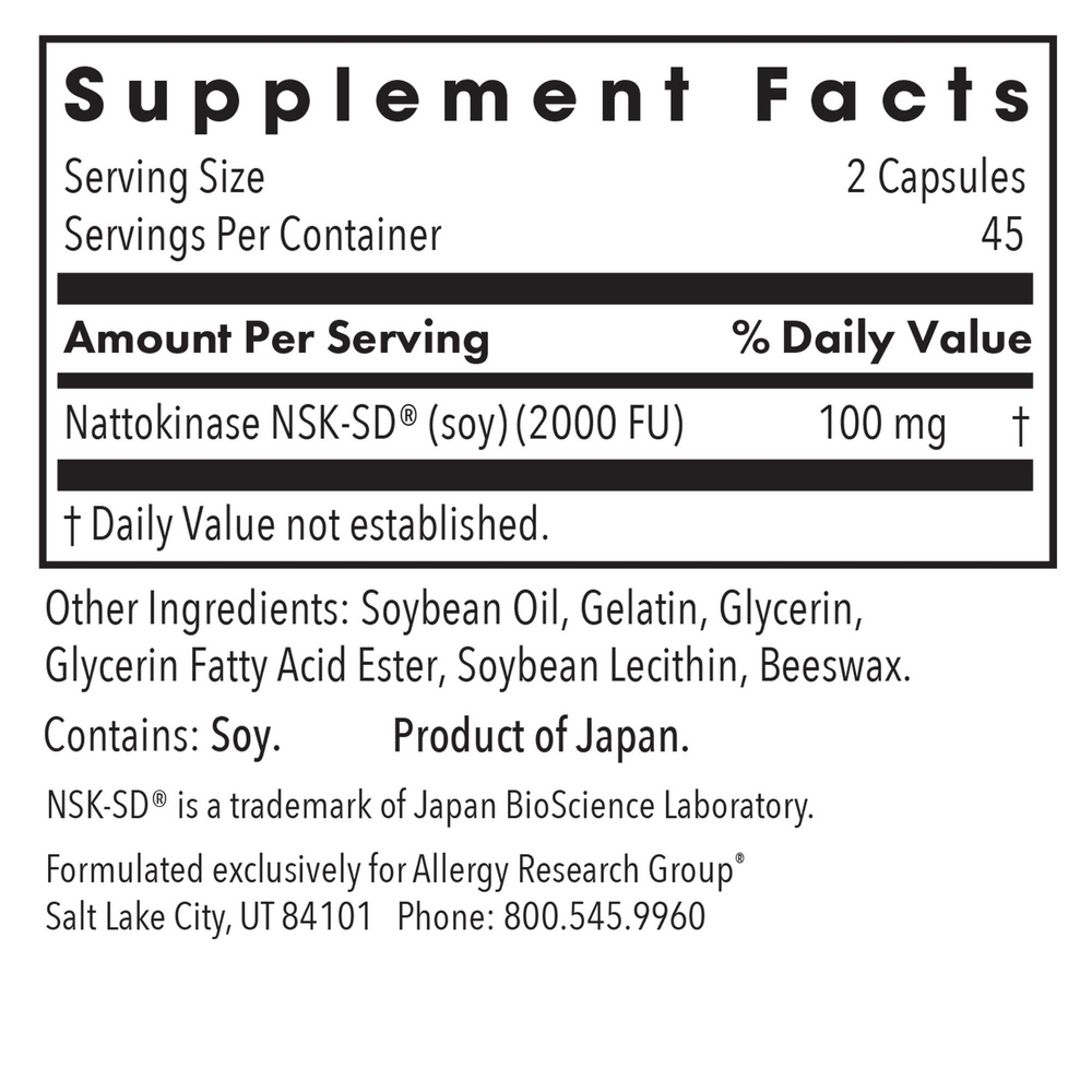 Nattokinase 50 mg NSK-SD® 300 Count Supplement Facts Label