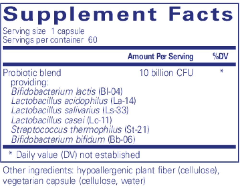 Probiotic G.I. Supplement Facts Label